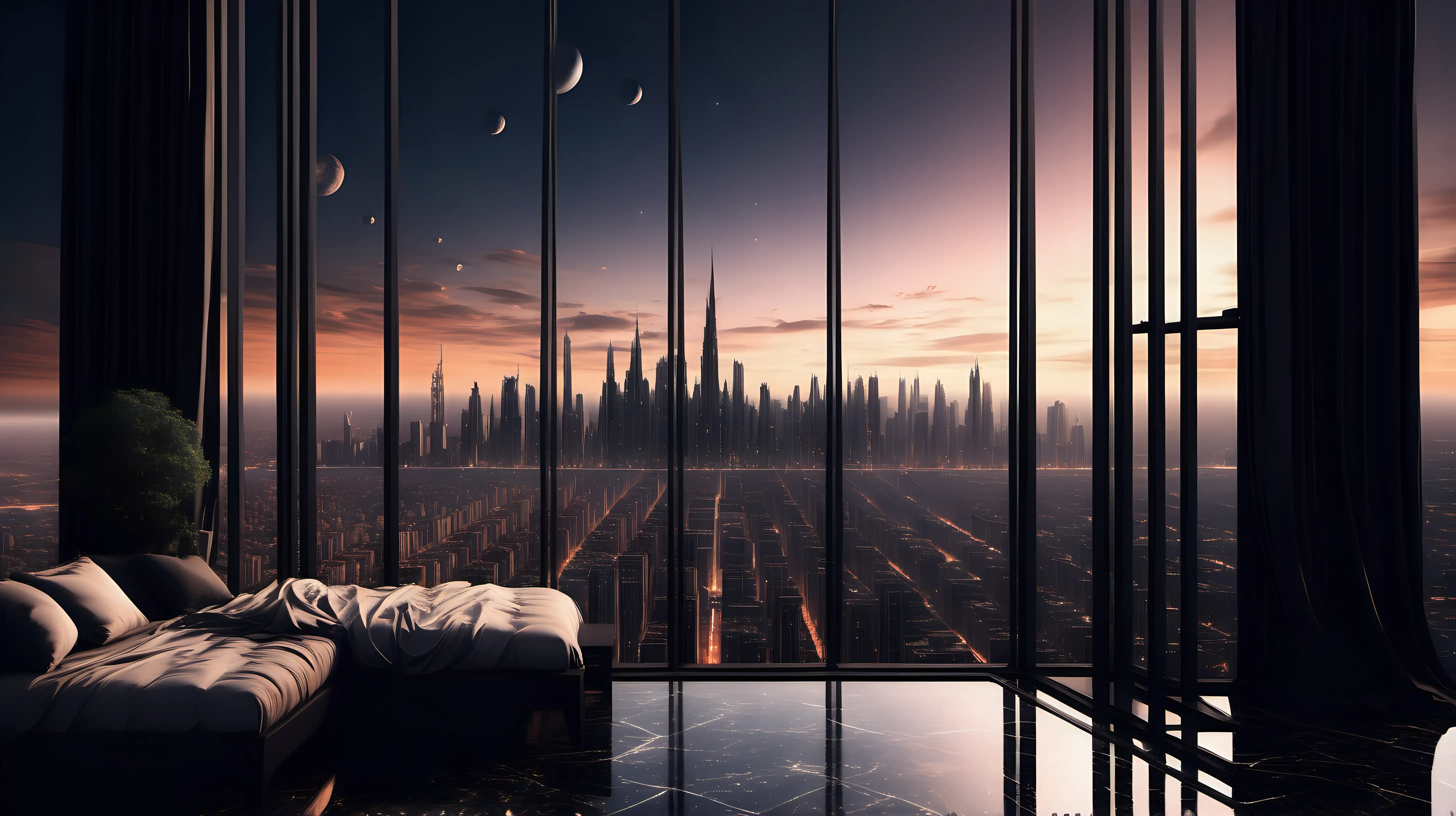 imagine a view from gothic styled skyscrapers balcony to city on 2200, on sunset of jupiter