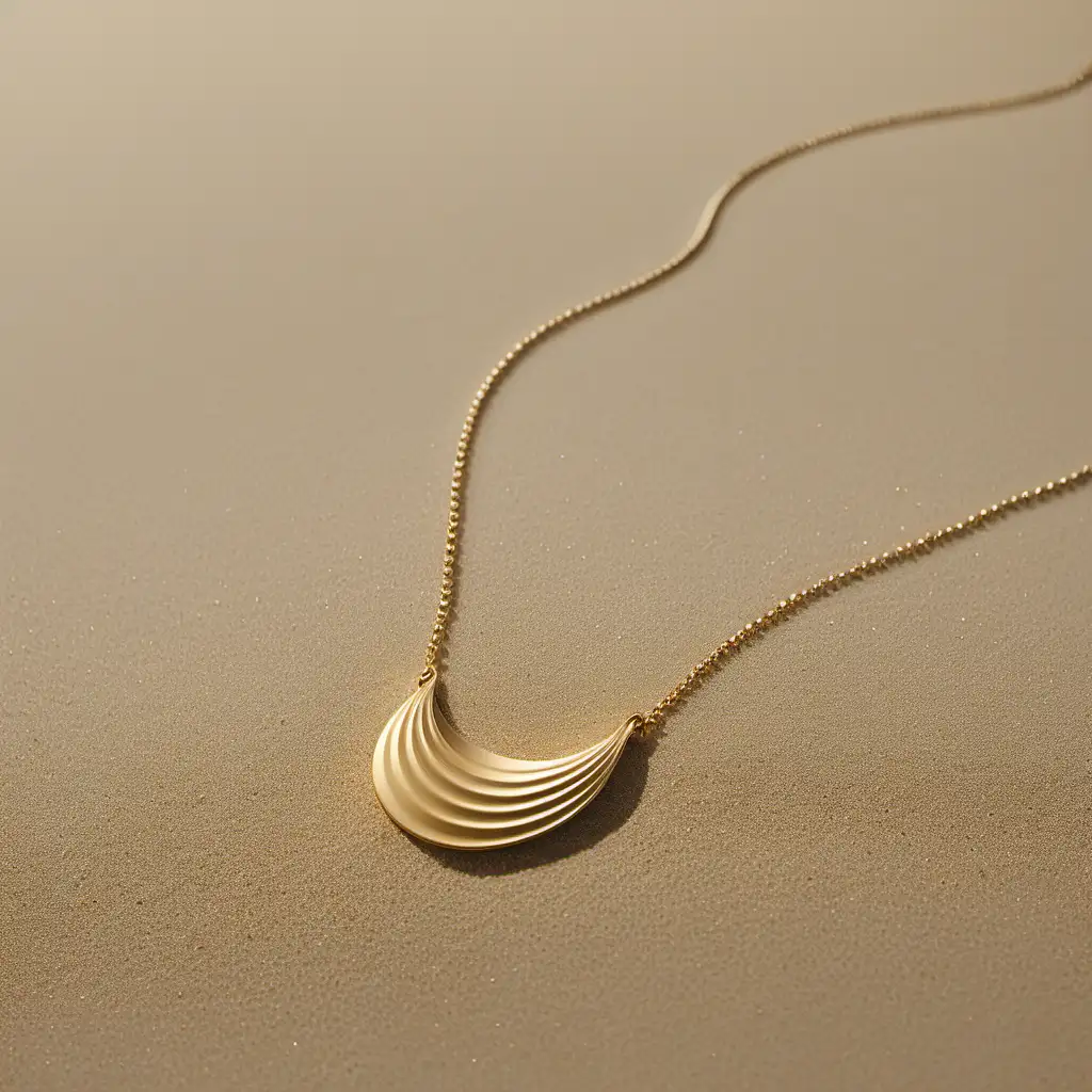 Professional image of a minimalist gold necklace in the wavy sand, shot with sony a7 sIII, commercial like shot