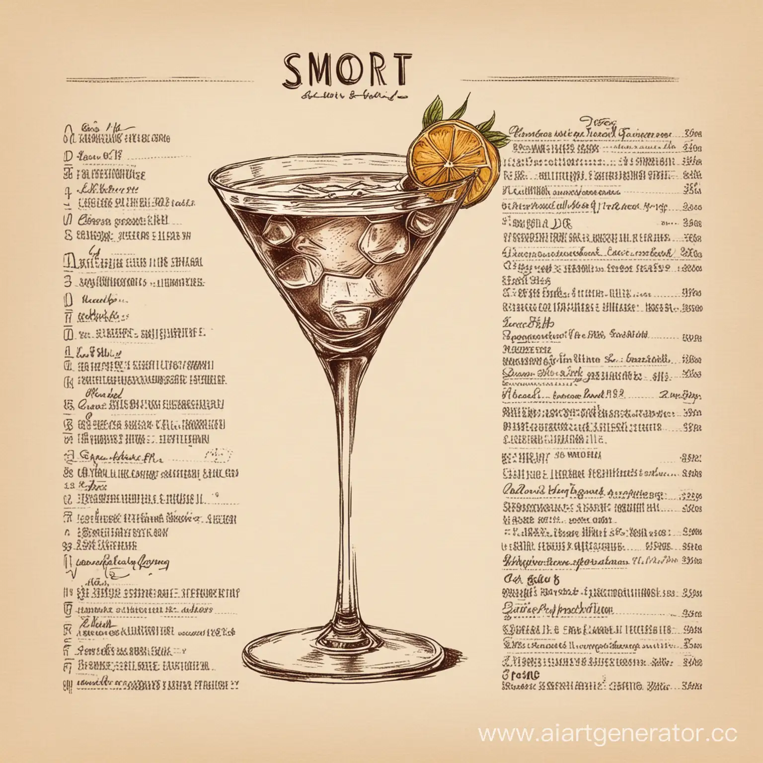 короткое меню, с изображением коктейля, с составом коктейля, с описанием коктейля, в стилистике эскиза, нарисованного от руки