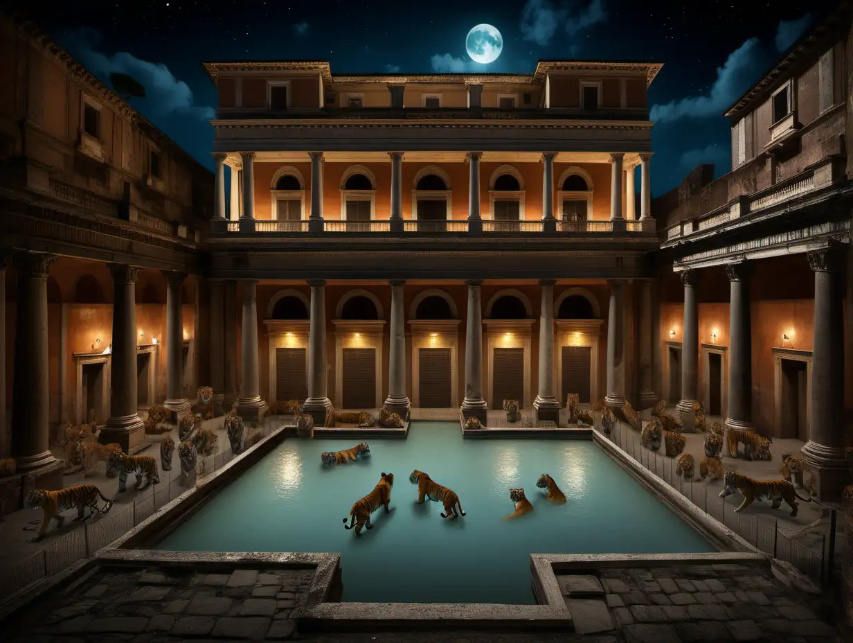 5 story high bath house in ancient Rome at night with tigers and lions on chains