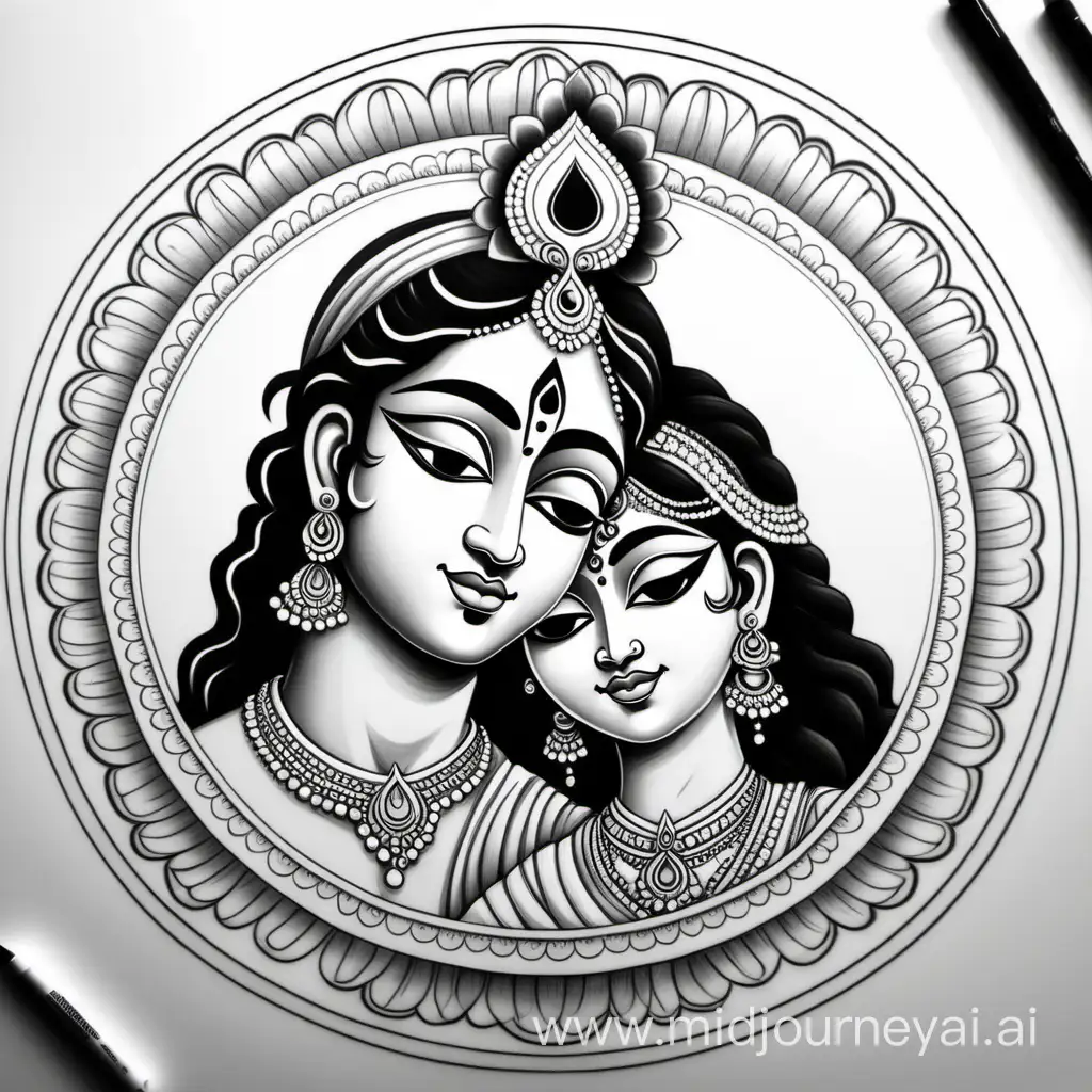 Krishna and Radha Mandala Drawing Serene Minimalistic Art