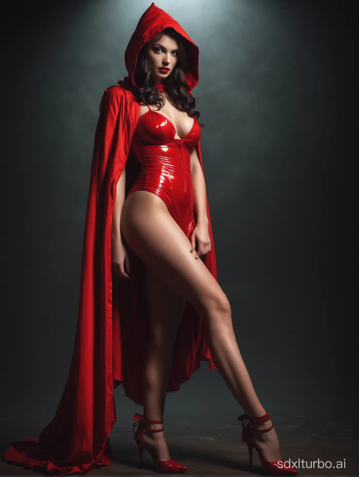 Raw Photo A breathtaking pulp art-inspired photograph that pays homage to Frank Frazetta's style. The subject is a captivating, real-life Red Riding Hood with a modern twist, showcasing voluptuous and long, legs. Wearing a short, revealing, provocative red hooded dress. The background is dark and moody, with dramatic lighting that accentuates her features. The overall vibe of the image is a mix of fantasy, pinup, and realism, making it perfect for a high-quality poster., poster, photo