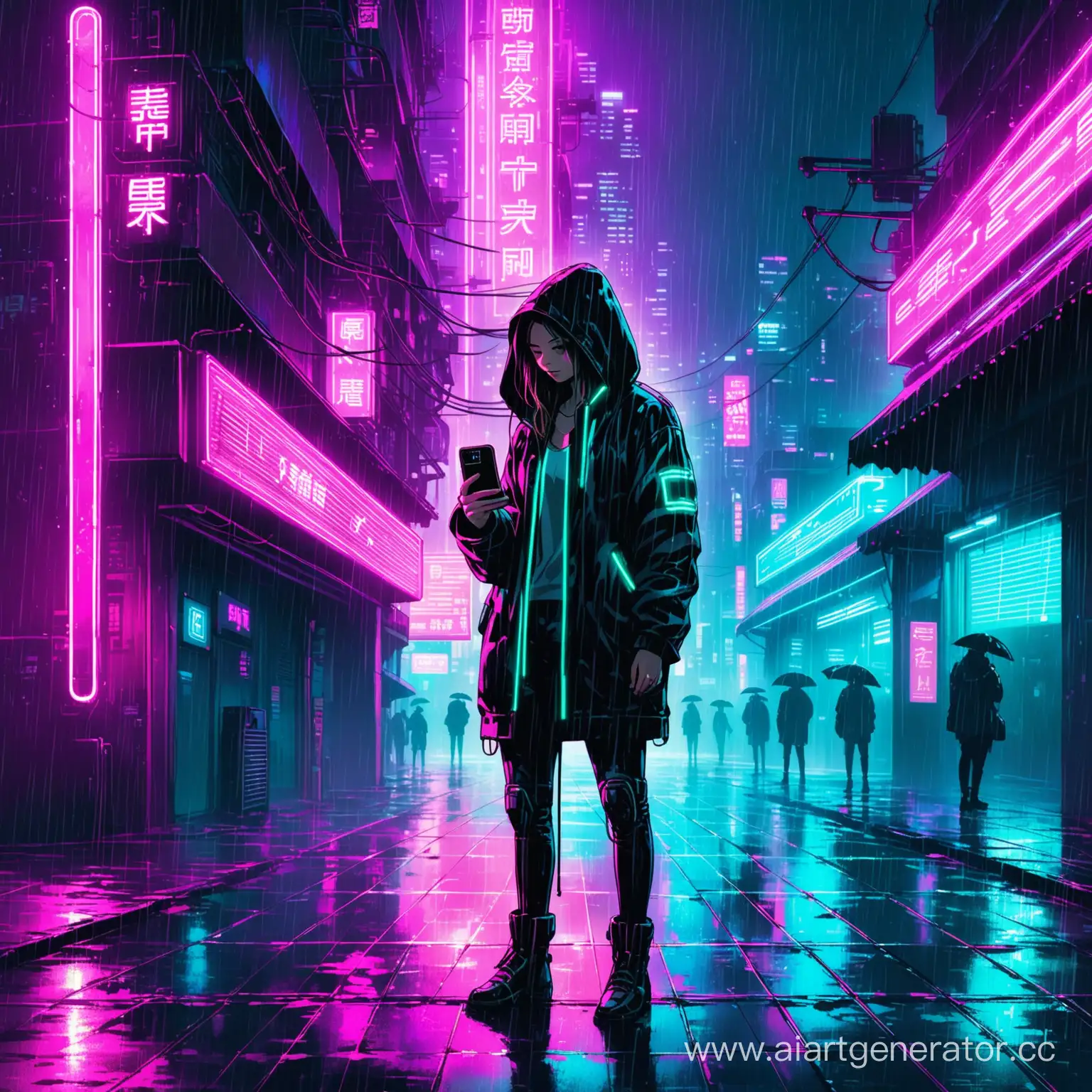 Ночной город киберпанк неоновые  огни, человек стоит под дождем и держит в руках телефон