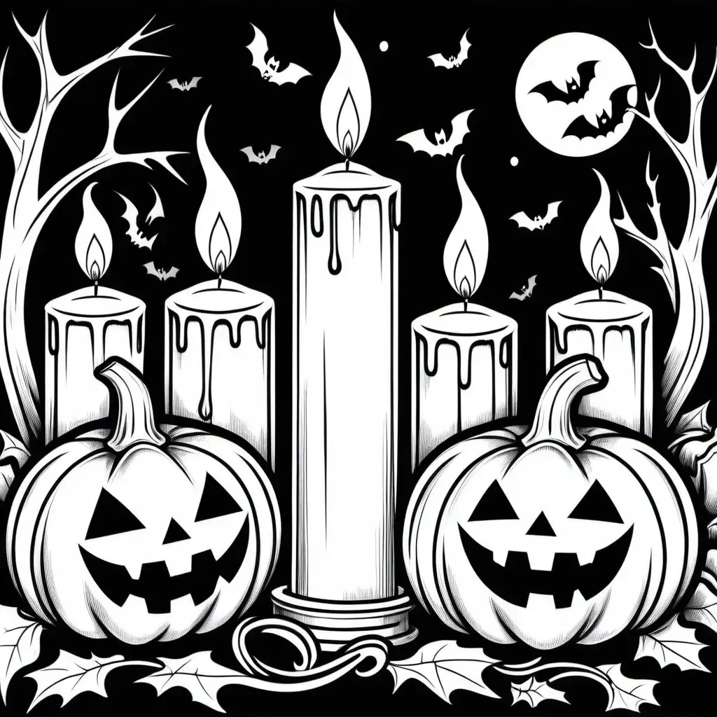 simple black and white halloween coloring book image of halloween pumpkins with candles