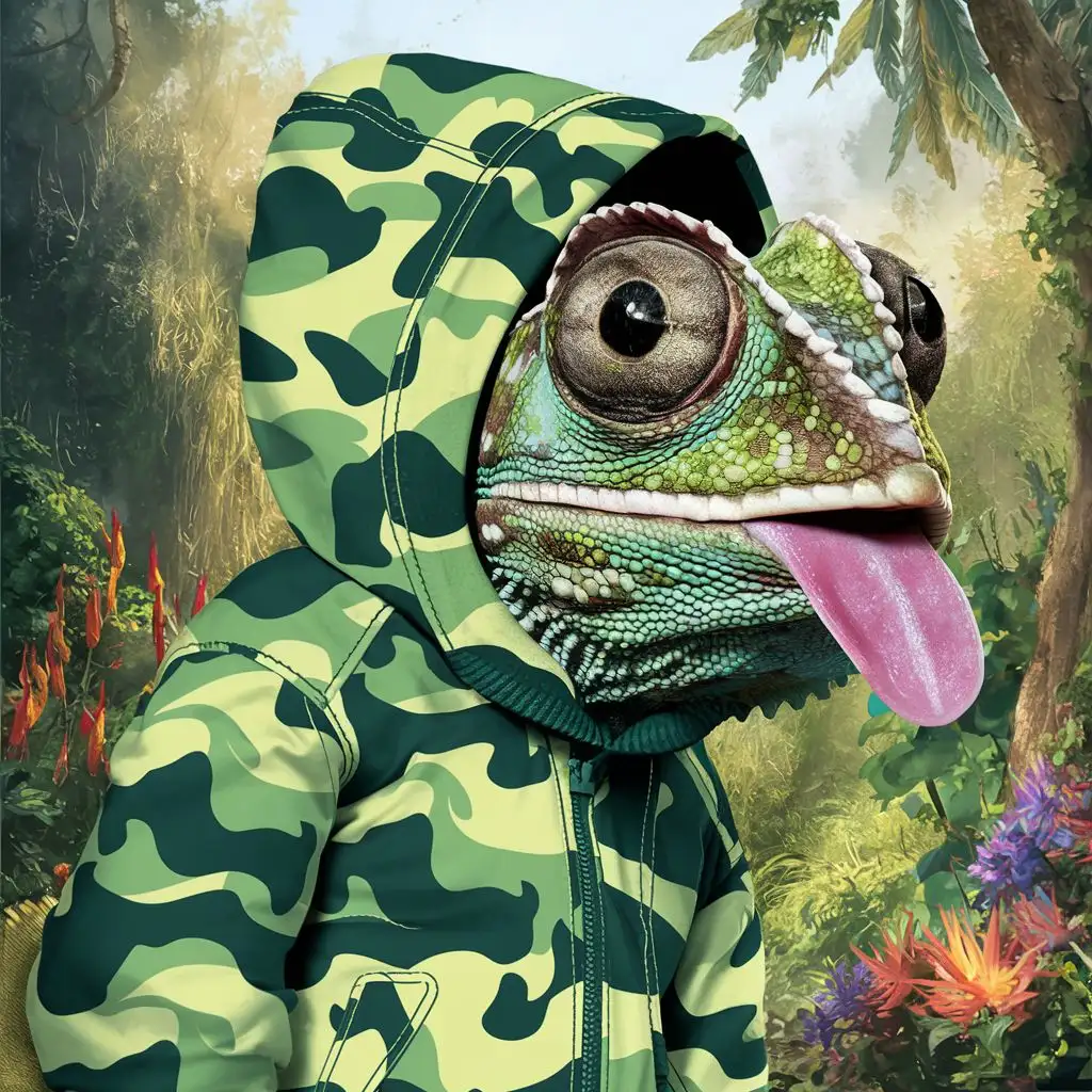 a chameleon wearing a camouflage jacket 