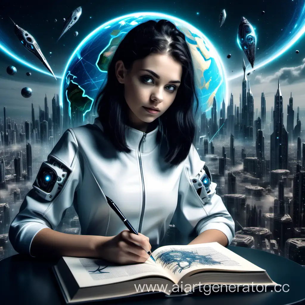 Futuristic-Cybernetic-Birthday-Greeting-with-DarkHaired-Girl-Writing-in-Open-Book