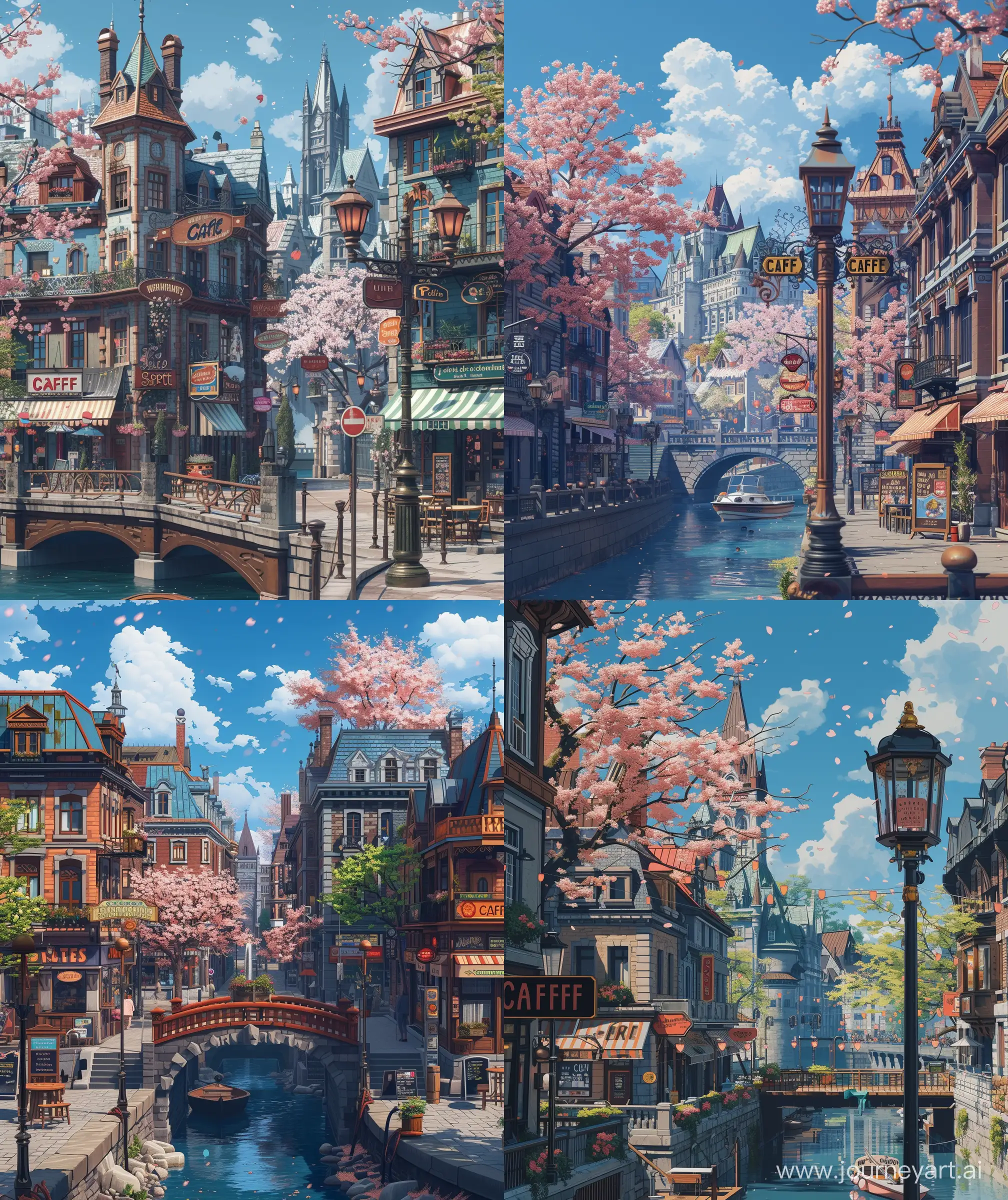 Beautiful anime scenary, Ghibli style,  down town Verious scanes like  "cafe", "bridge with river" , "boating spot", "town square fountain",  illustration beautiful sign, cherry blossom tree, beside building, old but beautiful building, anime scenes, blue sky, morning, old lamp post, aesthetic look, montreal canda, vibrant look, Ultra hd, sharp details, no hyperrealistic , --ar 27:32 --s 400