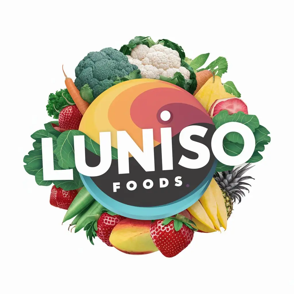 Vibrant LUNISO FOODS Logo with Fresh Frozen Veggies and Tropical Fruits