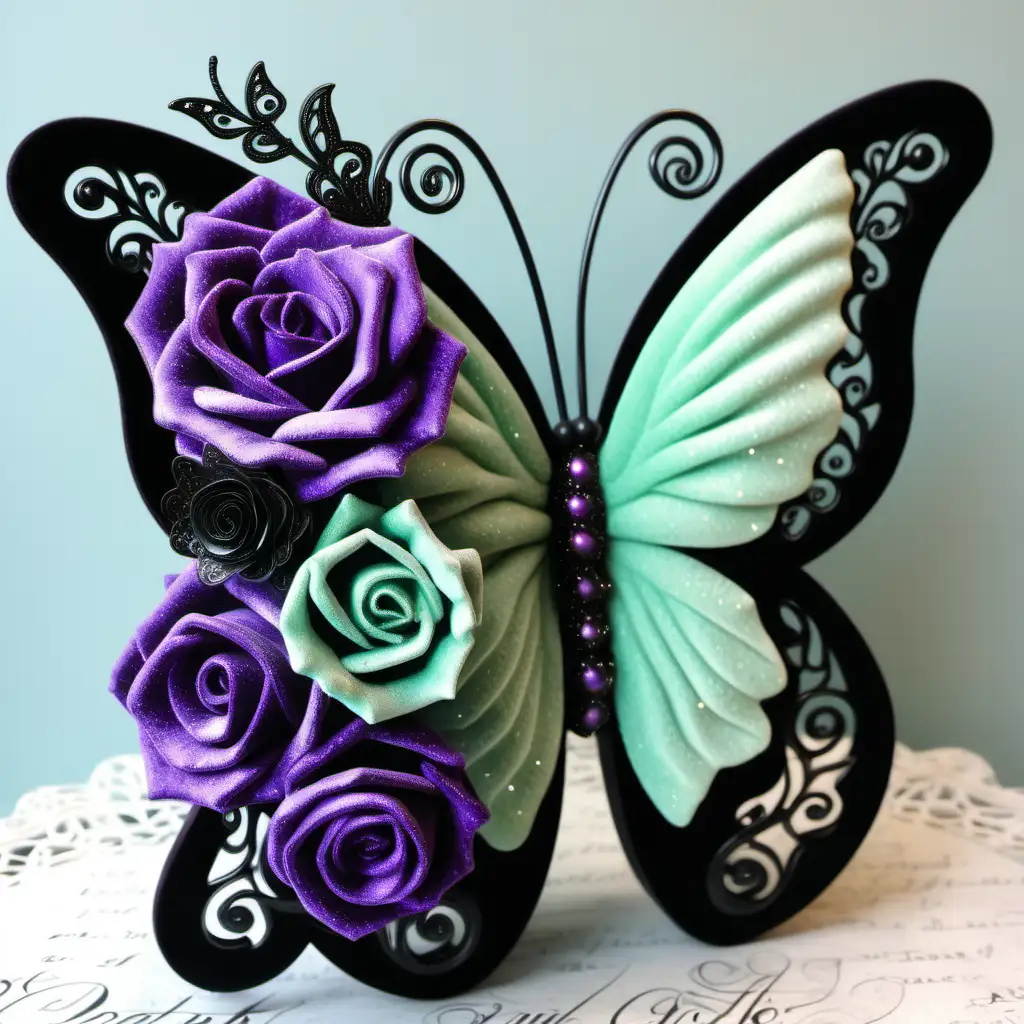 Exquisite Purple Velvet Butterfly with Filigree and Glitter Amidst BiColored Roses