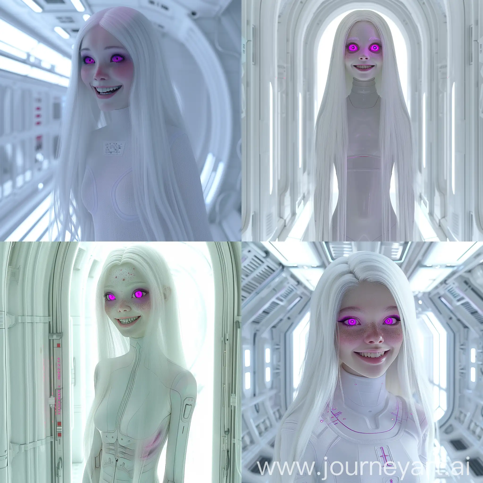 A Detailed Wide Shot Sci-Fi Style Photo Of A Cute Human Female With Bright Alien Violet Eyes, Long Cascading White Hair And Pale White Milky Skin, Tall Hourglass Figure, tall, great figure, Beautiful Face, Smiling And Standing, detailed, 3D, White Space Station Background, Beauty Model Shot, Adorable Smile, Young Adult, Early twenties, Attractive, High Quality, 8k, 4k.