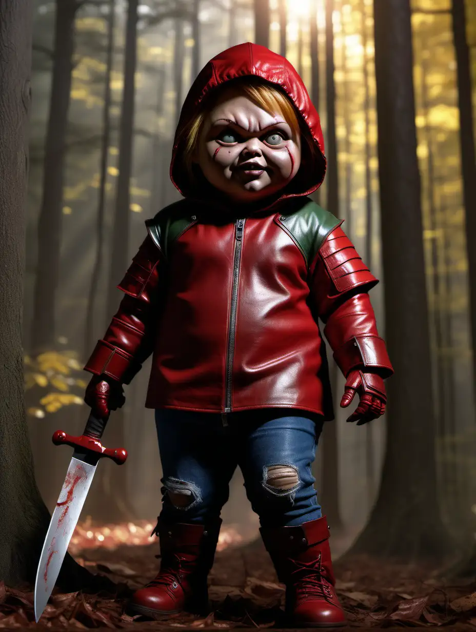 Creating a photorealistic depiction of a little fat girl with Chucky's face, red and yellow leather armor, a knife in her right raised hand with a red hood and a forest background in southern cinema lighting, in a full body compositing in 8K resolution The 9:16 resolution and aspect ratio would require the skill of a talented a digital artist or designer to bring this vision to life. Make sure the artist pays close attention to detail to achieve a realistic painting.