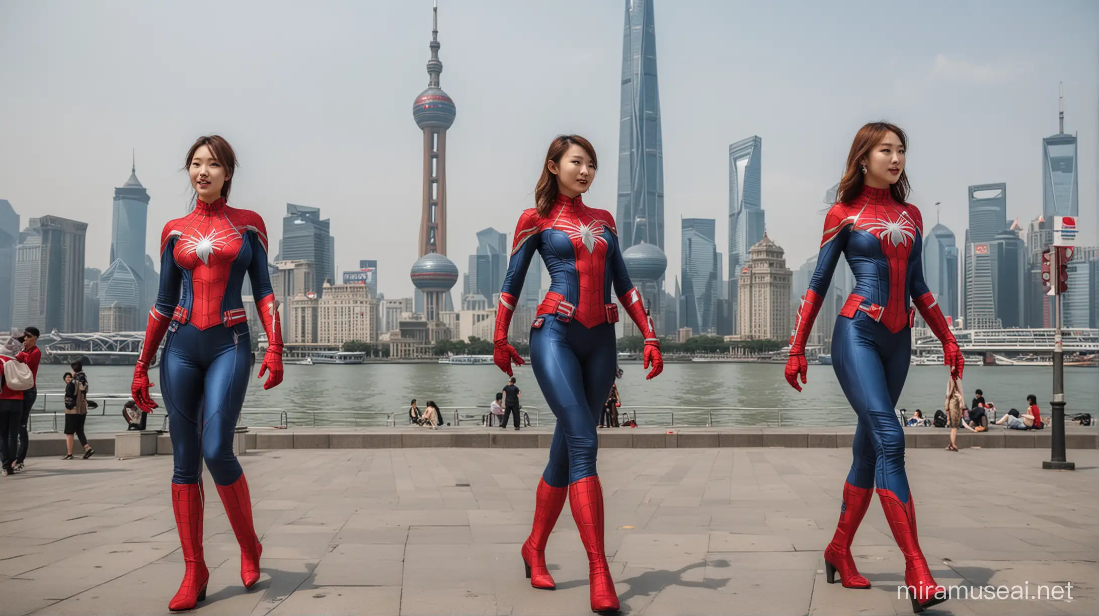 帮我画一张画，画中有2位女士，身穿美国队长制服，另外2个女士身穿蜘蛛侠制服，走在上海外滩边，背景有东方明珠，金茂大厦，上海中心以及环球金融中心和国际会议中心大楼
