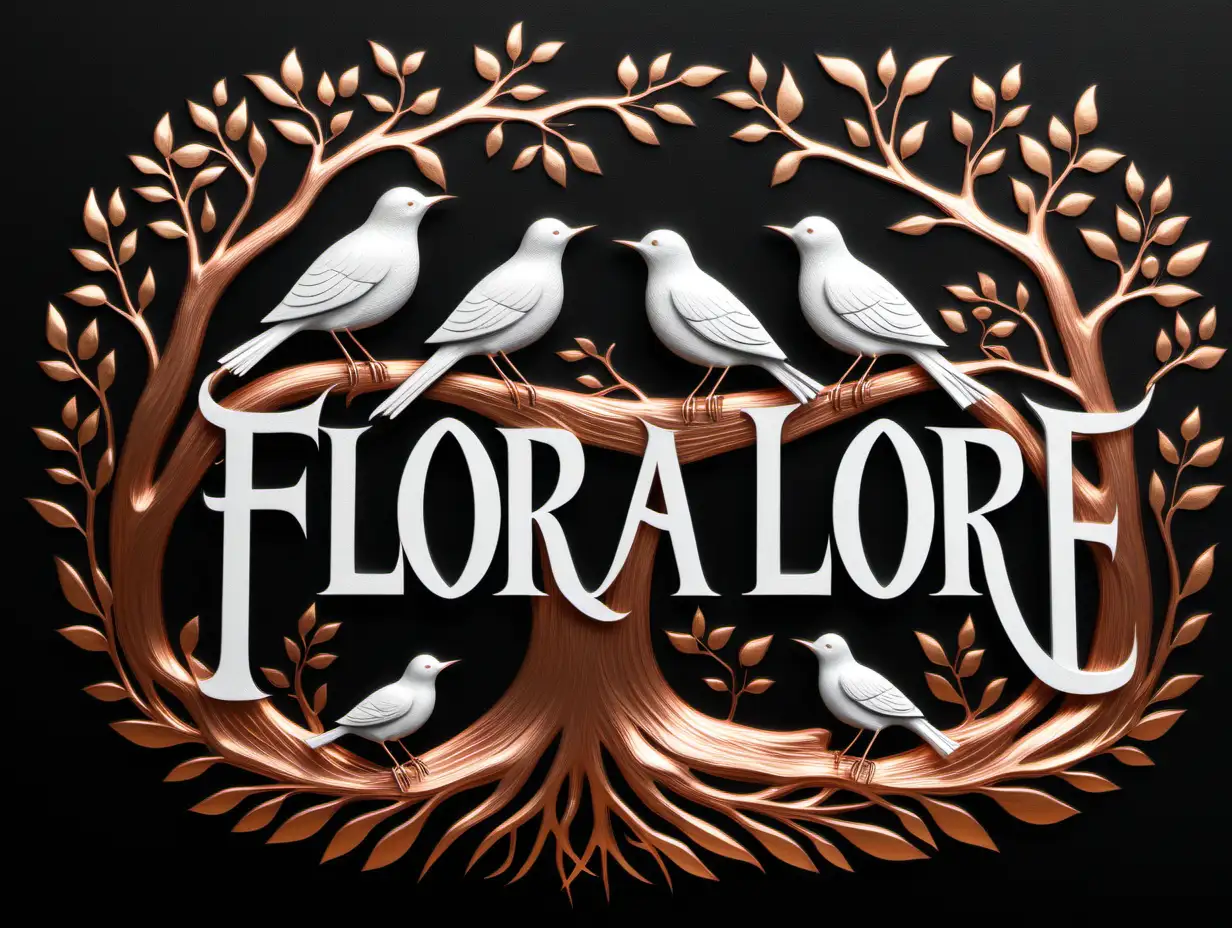 A logo with the word "Flora Lore", "FloraLore" embossed in white letters, 3 birds sitting on top of a tree with roots, use vector image, black background, copper and gold and white 