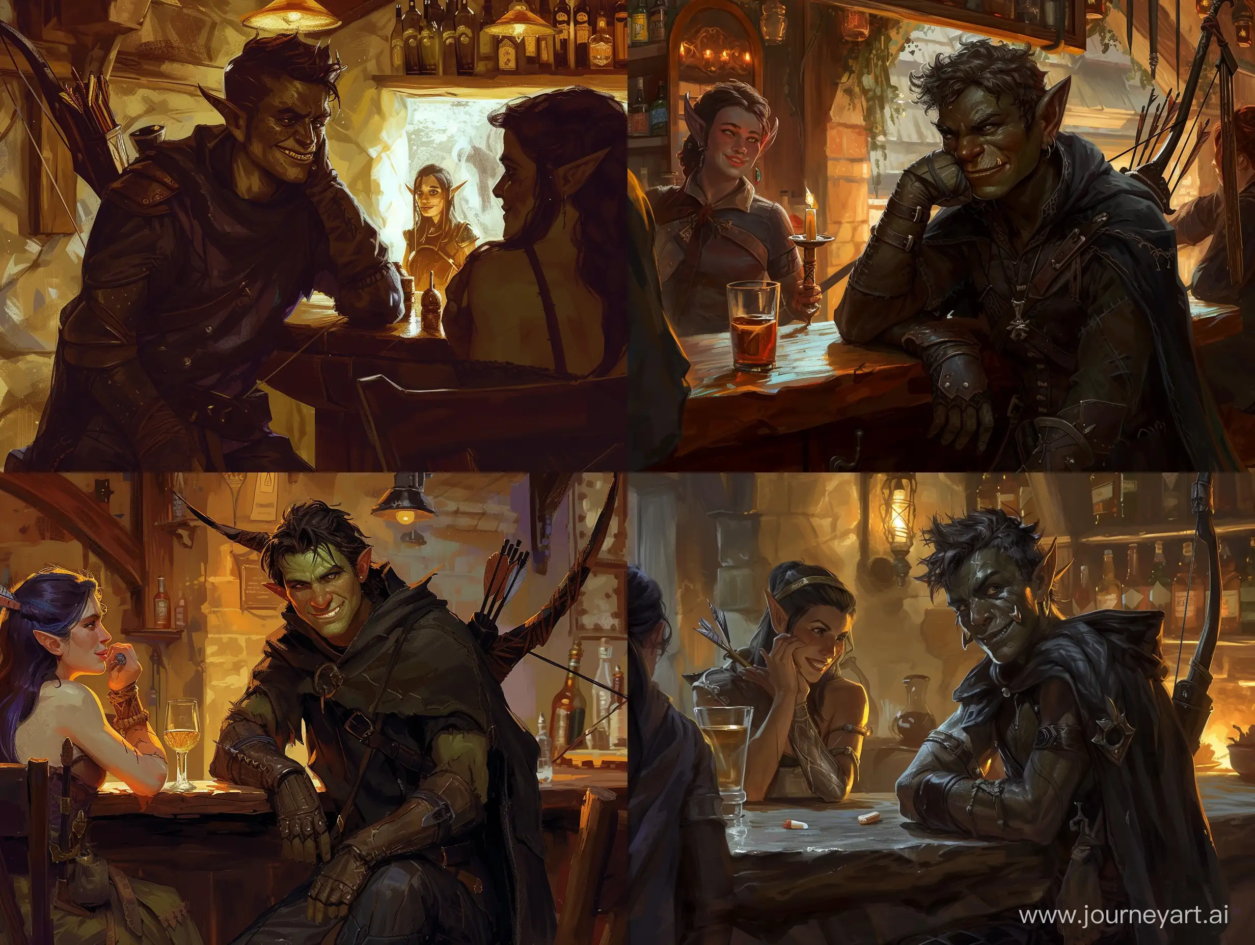 a half-orc, young, a ranger, he has a cocky smirk, carries a longbow, wears a dark cloak, he sits at the bar of a cozy tavern, he is looking at the attractive tiefling barmaid