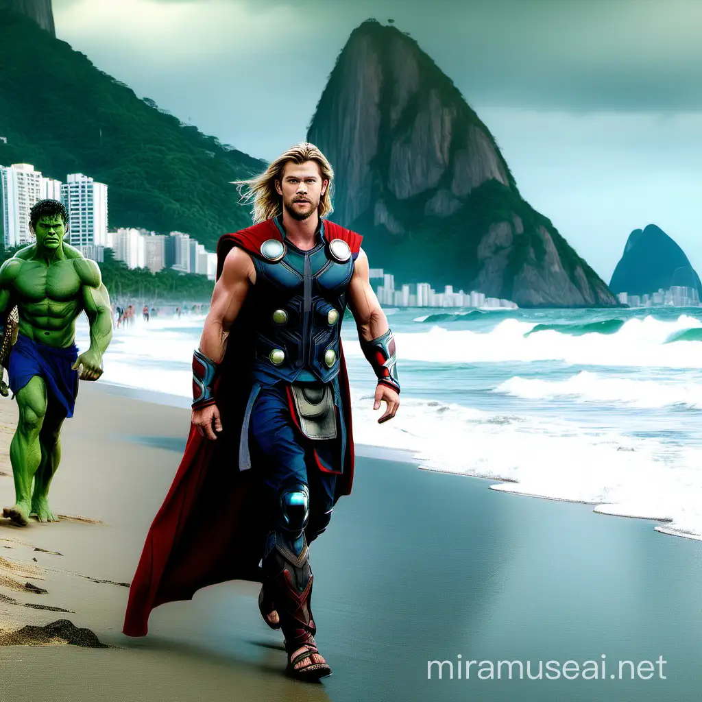Chris Hemsworth de Thor e Hulk caminhando pela praia do Rio de janeiro Brasil,arte de qualidade, HD, 8k 