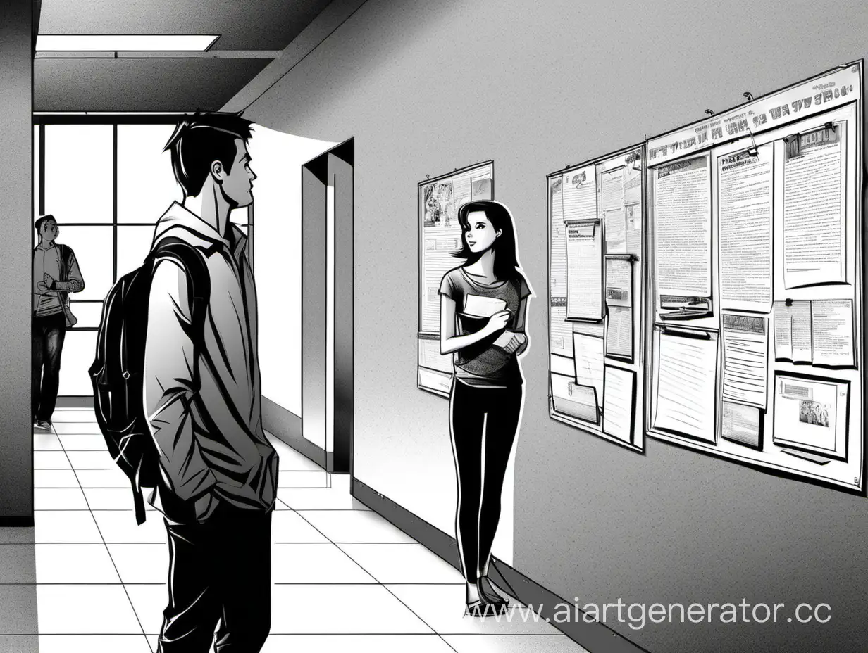 коридор, парень разговаривает с девушкой возле доски объявлений, в черно-белых тонах