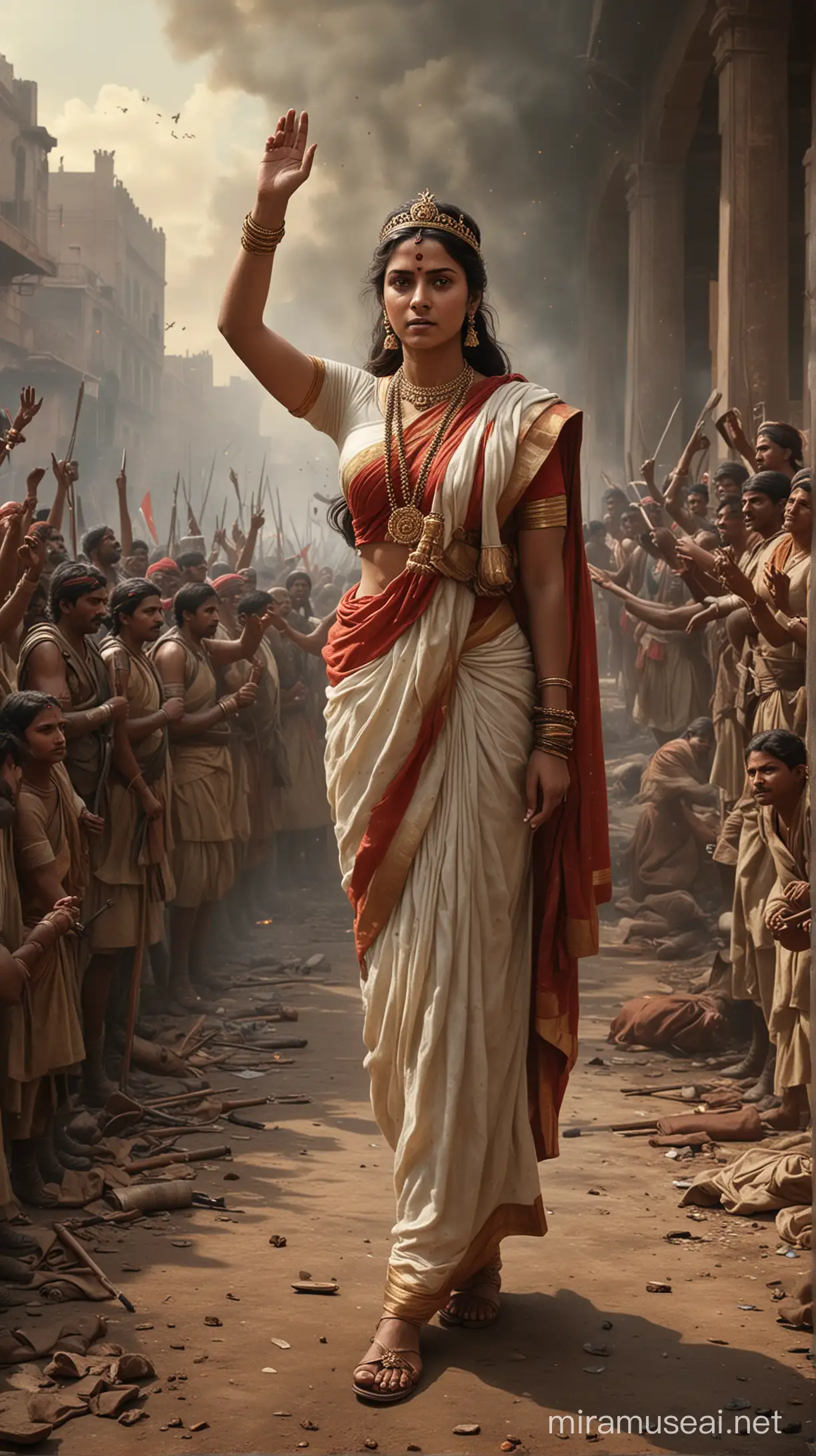 An atmospheric image of British Commander Hugh Rose acknowledging Lakshmi Bai's bravery, capturing the moment of recognition for her singular courage amidst the chaos of war. hyper realistic