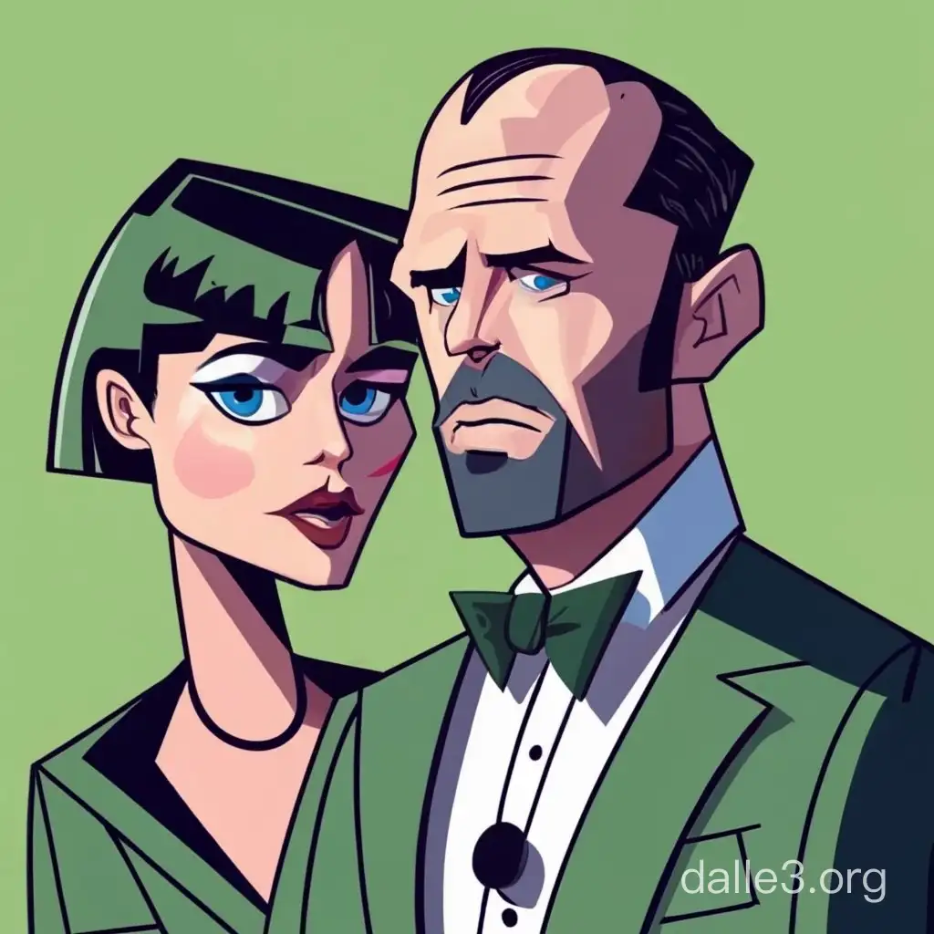 Cartoon caricature pixar style young Jason Statham and Margot Robbie long face big head poster by Patrick Nagel, Concept Art