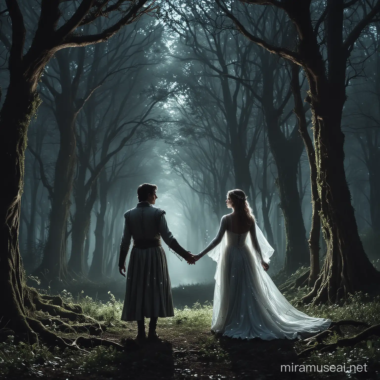 Ethereal Encounter Fey Prince and Mortal Maiden in Moonlit Forest