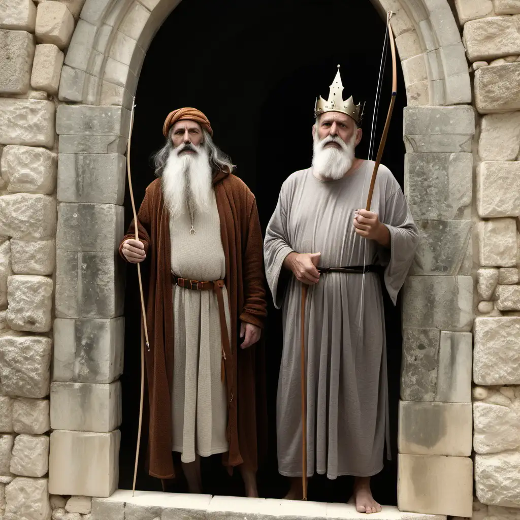 2 people in ancient isreal, one older with a longer gray beard dressed like a hermit and one younger king with a crown on his head and holding a bow with some arrows, standing in front of a window in a castle