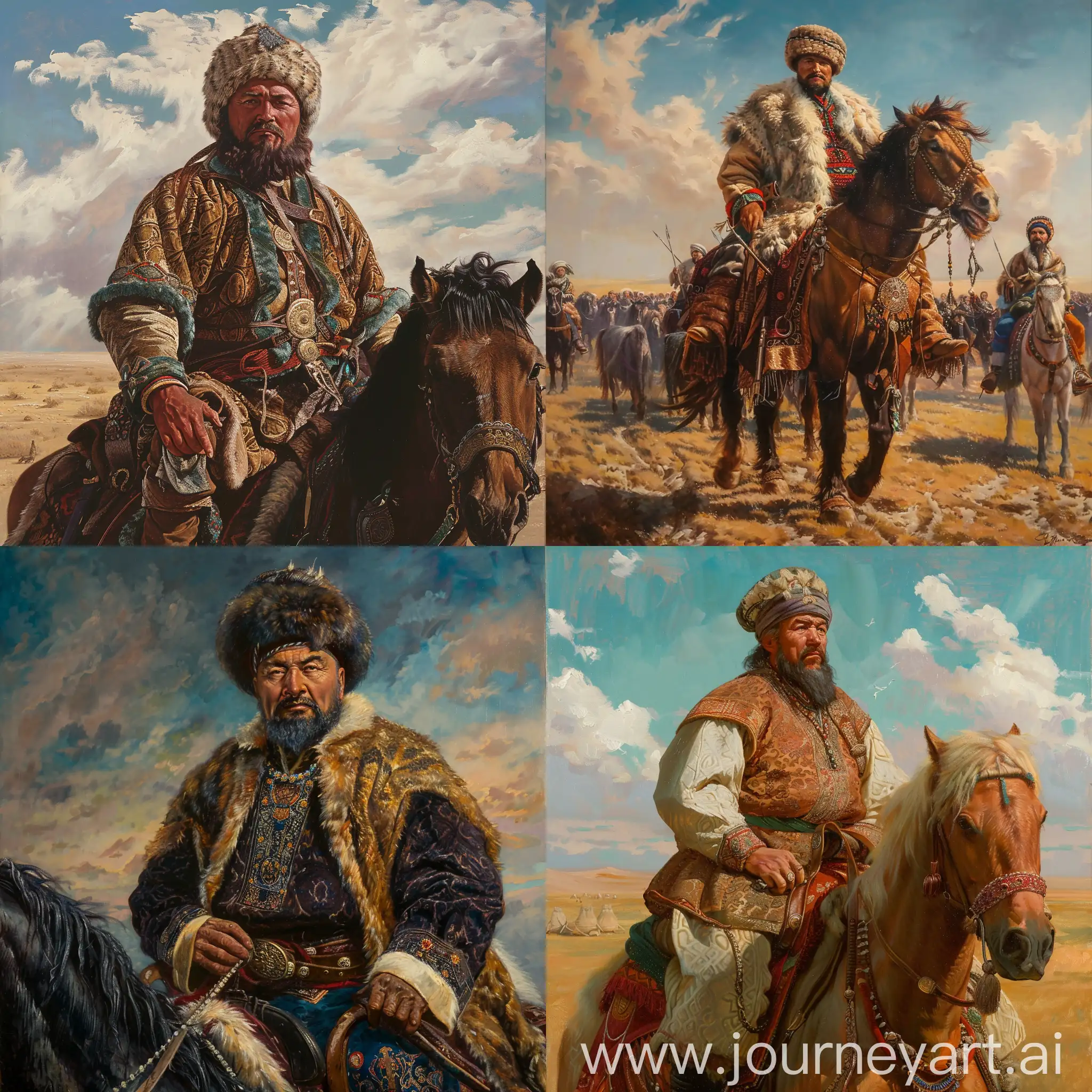 Kazakh khan strictly rules the steppes and nomads, oil painting, renaissance style