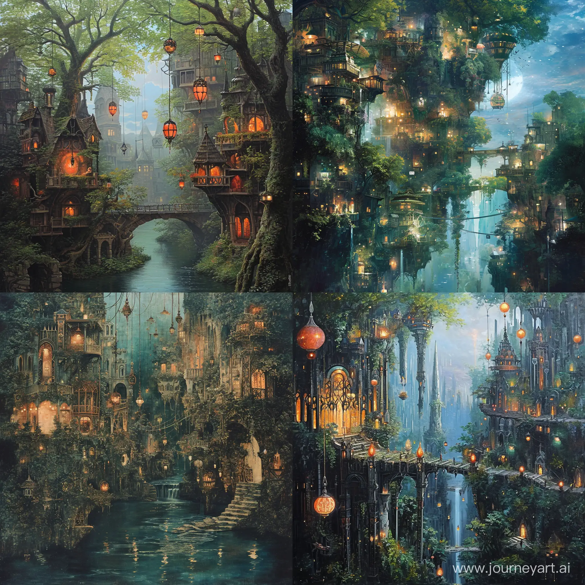 Romanticism::1.2. depicts a fantastical cityscape with a river running through the middle. The buildings are covered in plants and there are many hanging objects such as lanterns and signs. The city is surrounded by trees and the sky is blue. --v 6