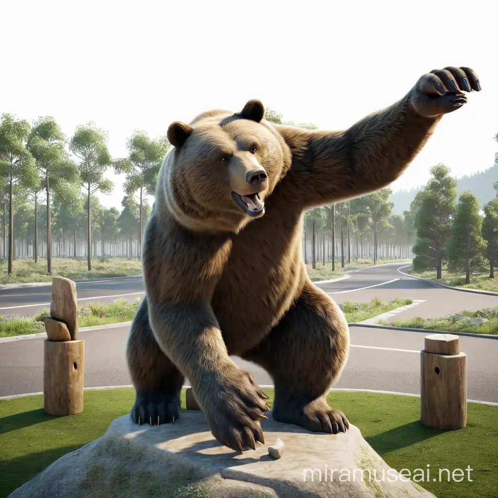 Sculpture of a bear raising its left paw.  3d animation, realism.