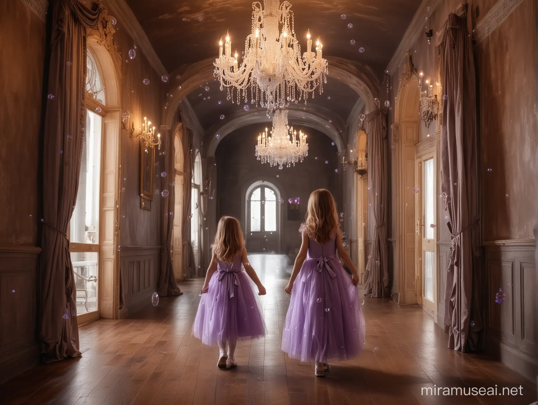 Enchanting Dark FairyTale Castle Corridor with Luminous Chandeliers and Magical Atmosphere featuring a Young Girl and a White Rabbit