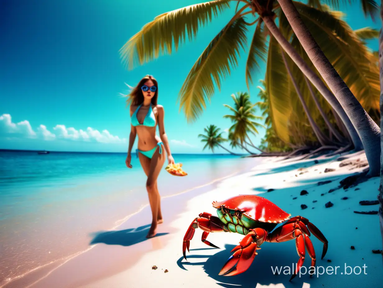 The cunning crab on the shore of the coral island steals food from the girl in a bikini under the palms, the blue sea, the blue sky, a photo saturated with colors