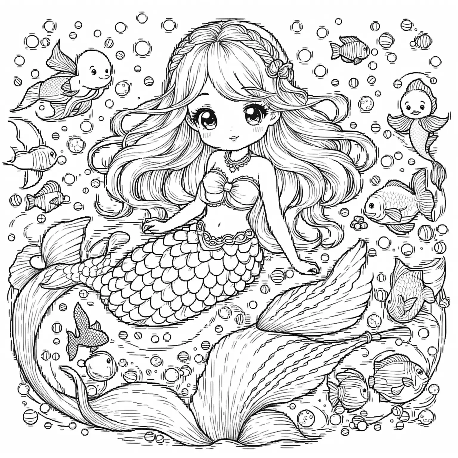 Coloring book style, a cute mermaid on a ver surrounded with toys