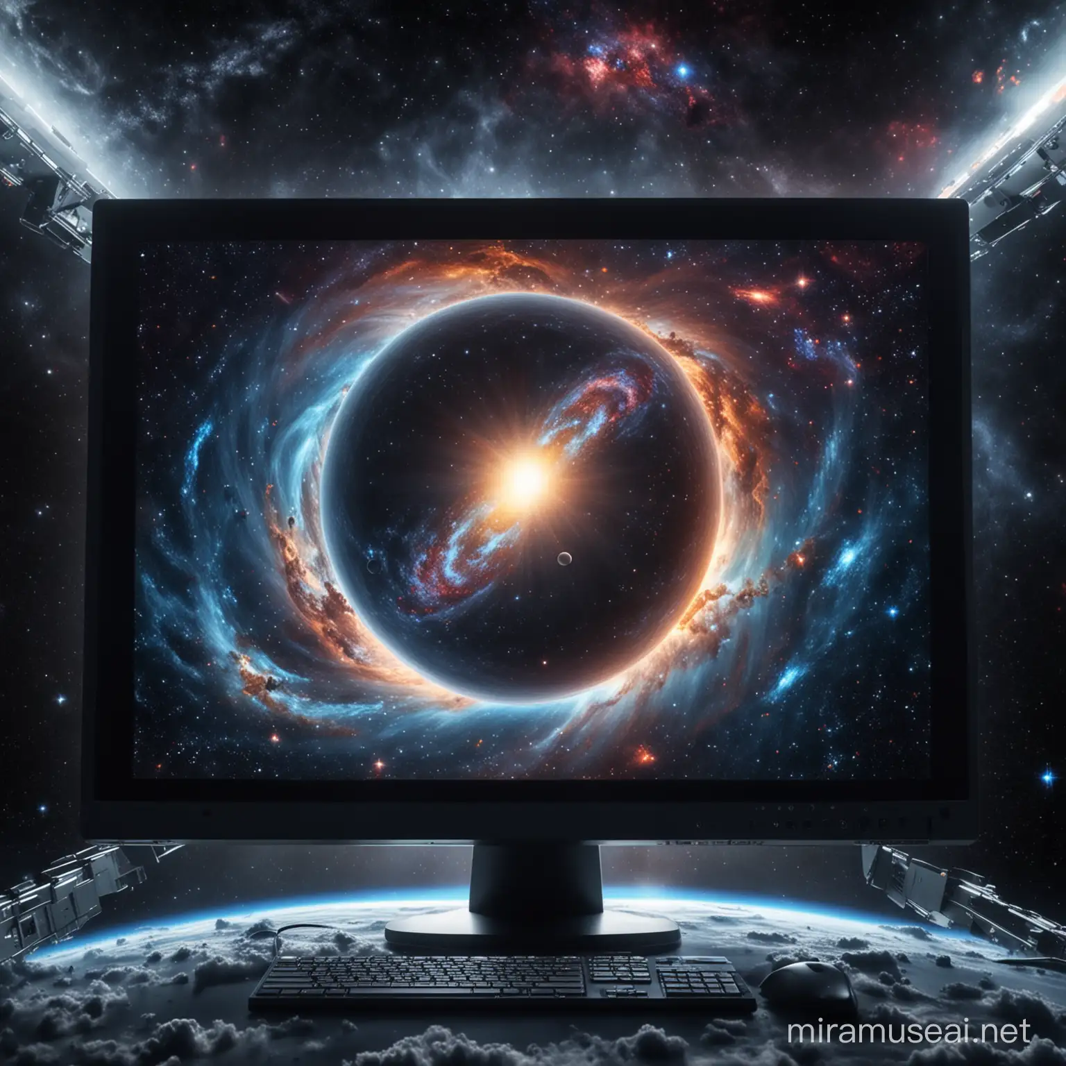 Universe inside of a computer monitor in space