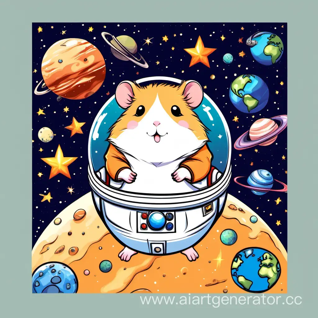 толстый хомяк, в шлеме космонавта, сидящий на  планете Земля, вокруг планеты и звезды и летающие почтовые открытки и почтовые конверты
