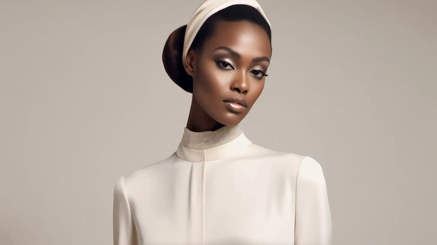 Timeless Elegance Graceful Model in Modest Attire Against Ivory Backdrop