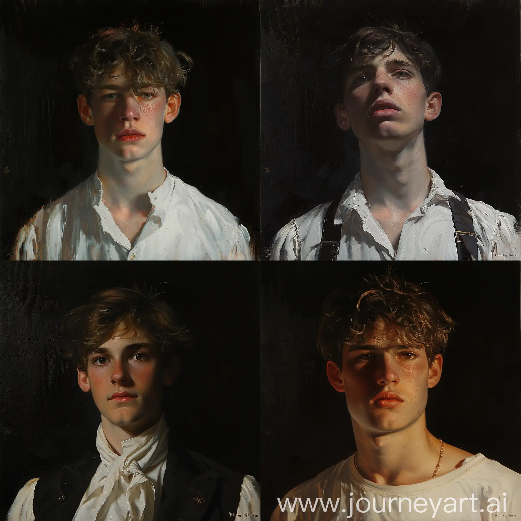 a painting of a young man, wlop John singer Sargent, jeremy lipkin and rob rey, range murata jeremy lipking, John singer Sargent, black background, jeremy lipkin, lensculture portrait awards, casey baugh and james jean, detailed realism in painting, award-winning portrait, amazingly detailed oil painting 
