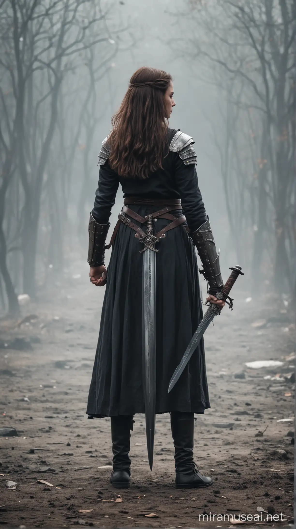 дівчина в бою з мечем в руках, стоїть спиною
