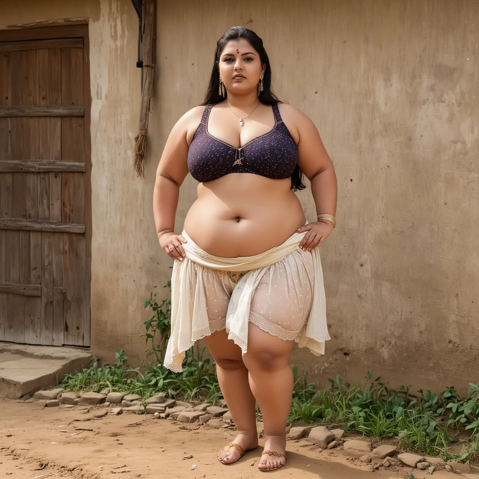  A Sexy BBW woman, wearing an old Indian undergarment, a chubby fatty waist, in a village 