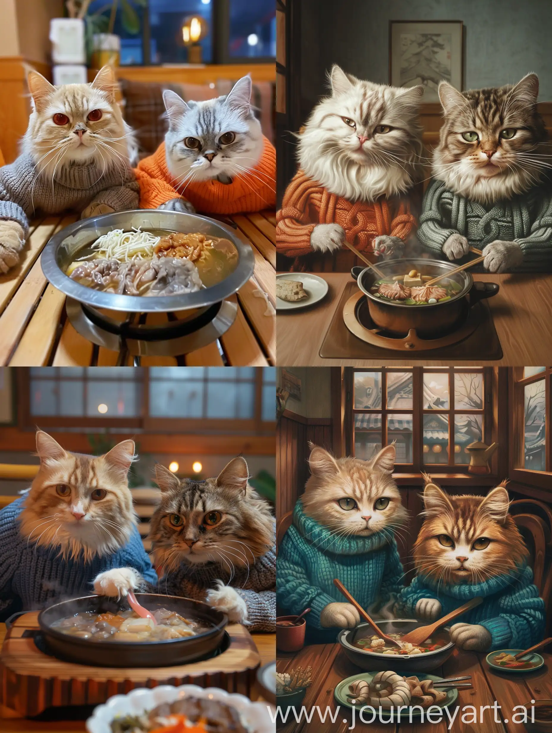 Cozy-Dinner-Two-Cats-in-Woolen-Sweaters-Enjoying-Hotpot-at-Home