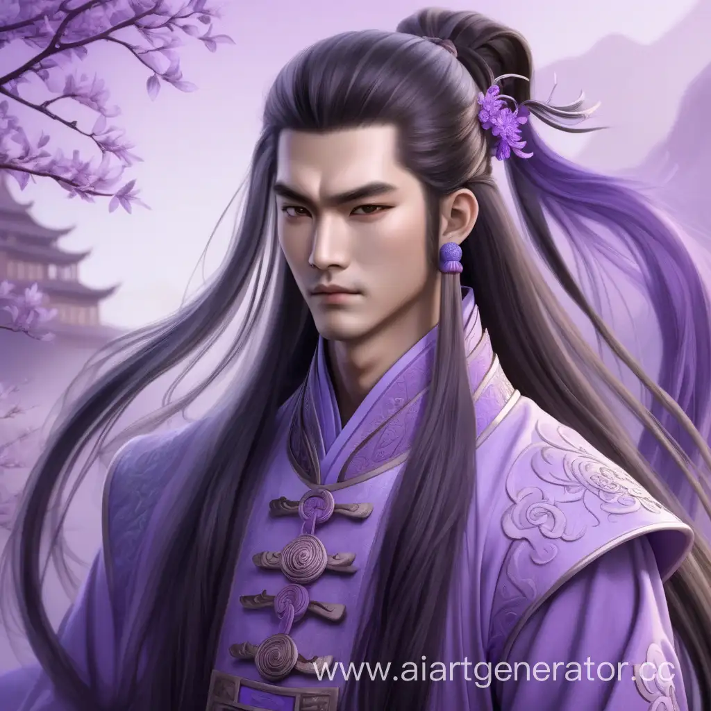 Древне китайский фэнтези мужчина молодой, длинные собраные в прическу волосы, одежда нежно фиолетовых оттенков