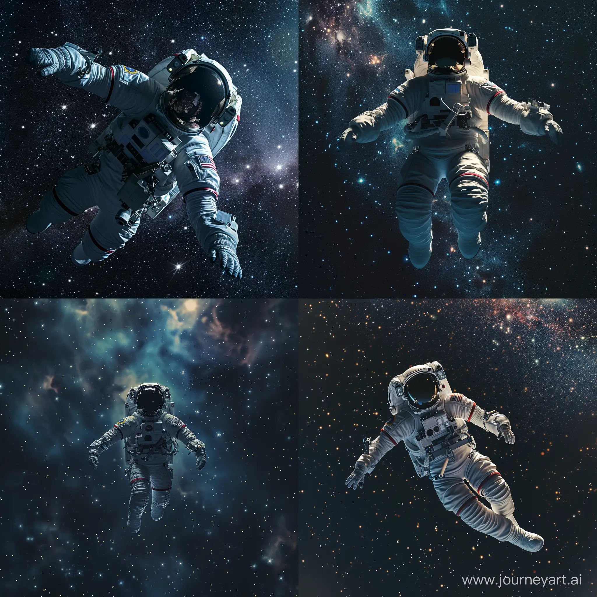 Ultra-realistic cinematic photo of an astronaut flying in the deep space. Only stars among him.