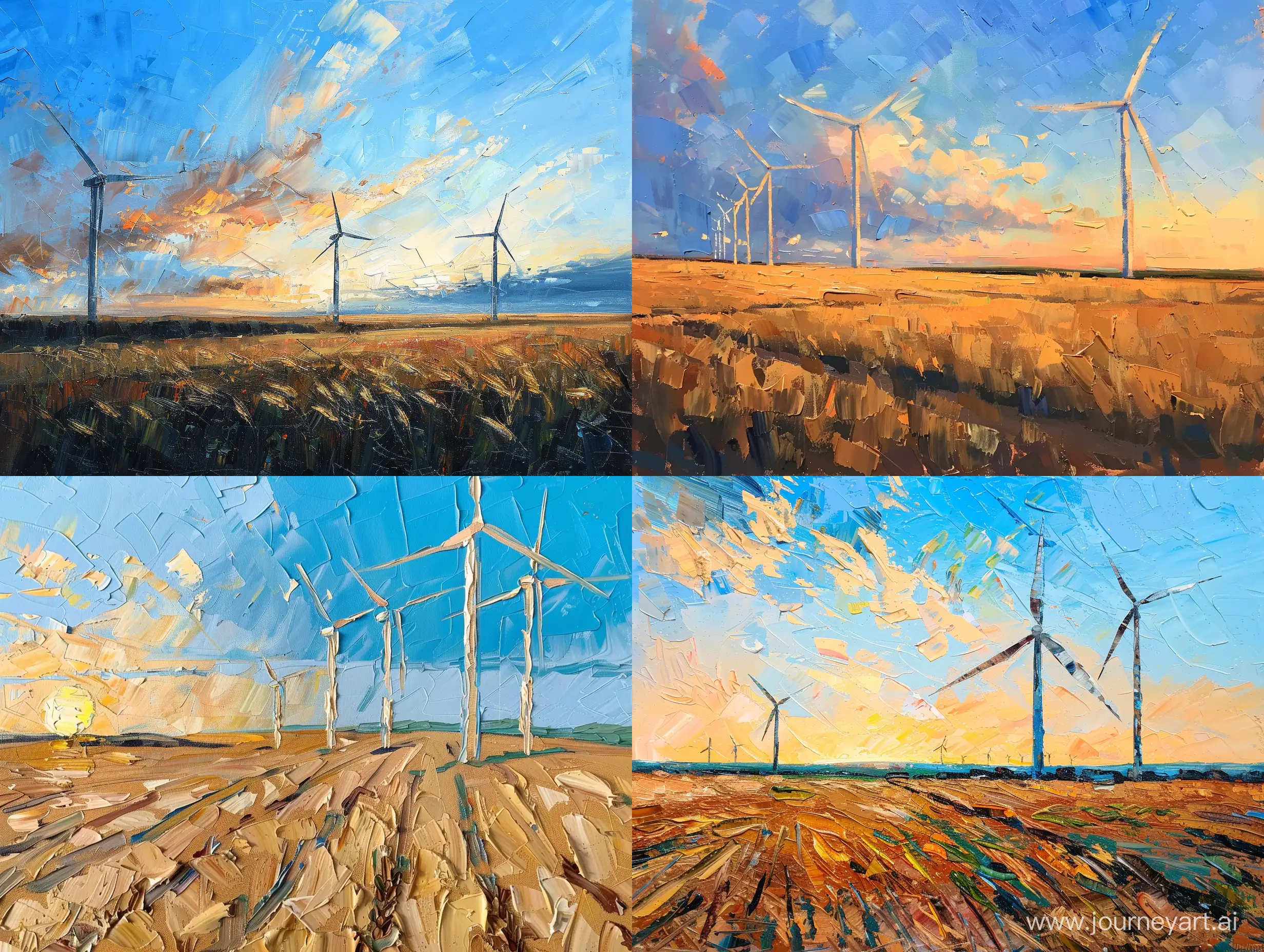 On the flat wheat field on the right there are wind turbines, against the backdrop of the sunset blue sky, oil painting style, small strokes, lissing