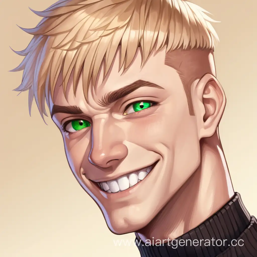 muscular guy, short blond hair, young, big smile, wearing black turtleneck, green and brown heterochromia eyes