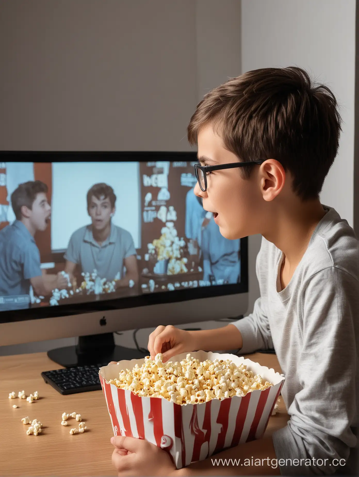 boy watching movie opposite to personal computer and eating popcorn