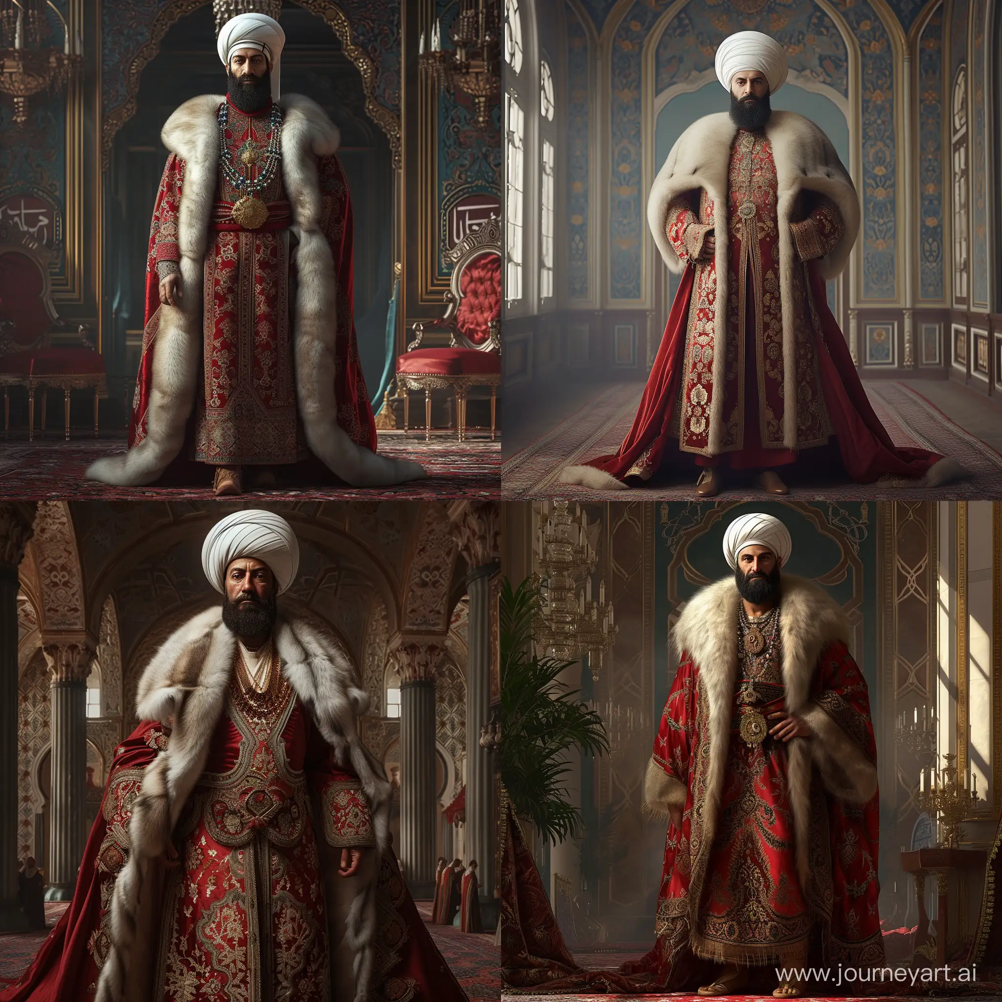 24 years old Ottoman Sultan (Mehmed II) standing tall in ottoman palace, ottoman genetics, ottoman nose, full average beard, big white ottoman turban and red silk caftan with fur collars, islamic motifs, high quality, realistic image