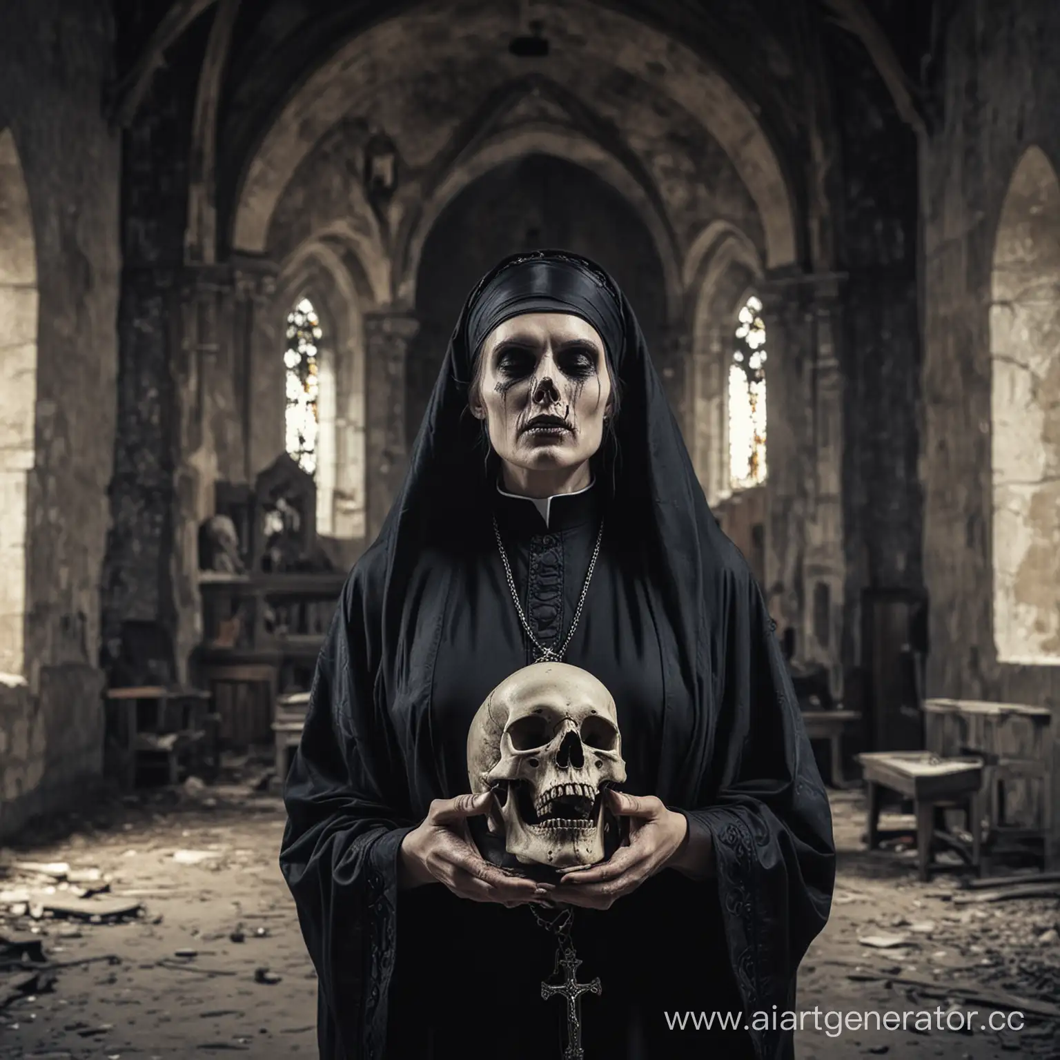woman evil priest, keep the skull in hand, abandoned horror church