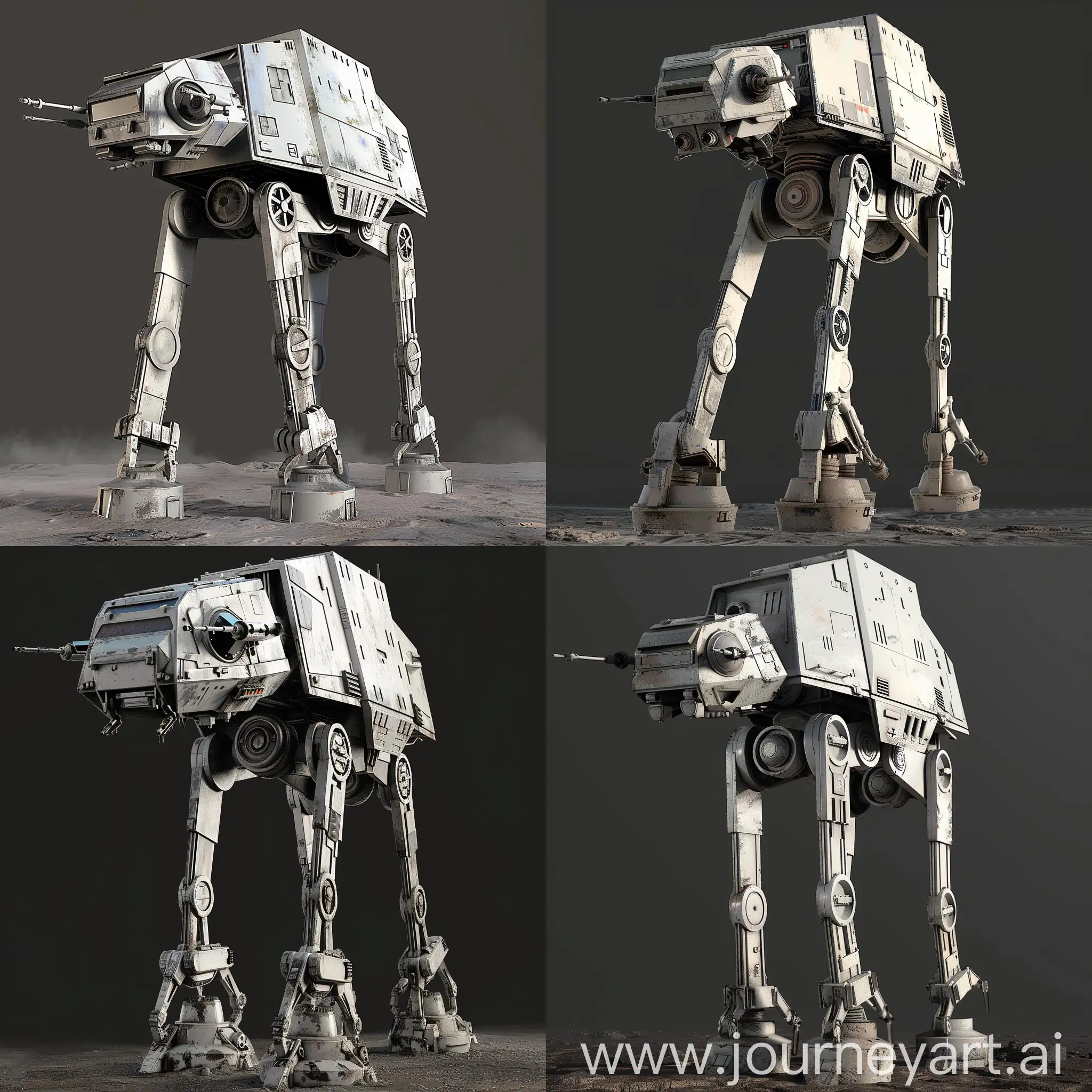 Futuristic Star Wars All Terrain Scout Transport https://static.wikia.nocookie.net/starwars/images/f/ff/ATST-SWBdice.png/revision/latest?cb=20230723050455, AT-ST Mk II (or variant name), Futuristic, Bipedal Walker, Sleek, Advanced Weaponry, Armored Reconnaissance Vehicle, Sci-Fi Military, Detailed Cockpit, Dynamic Pose, Planetary Landscape, Galactic Empire (if it remains affiliated), Rugged Terrain (for the environment), Battle-worn (for a war-torn look), octane render--stylize 1000