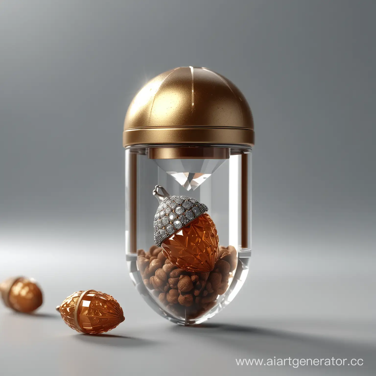 Diamond acorn in a capsule, 3d rendering, best quality, 8k, studio light