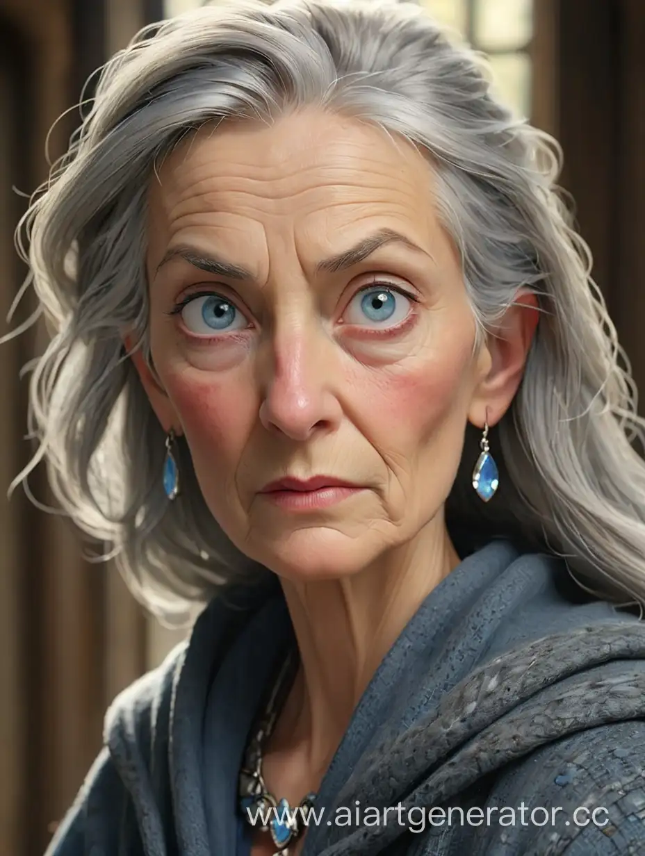 Elderly-Woman-in-Gray-Cloak-with-Crystal-Earrings-in-Sunlit-Room