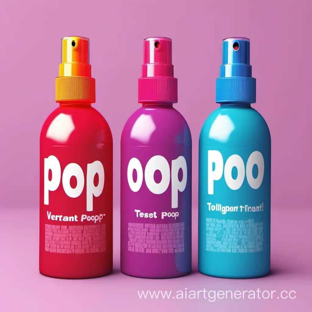 crea 3 opciones diferentes de un spray toilete divertido con colores llamativos (texto, POOP)
