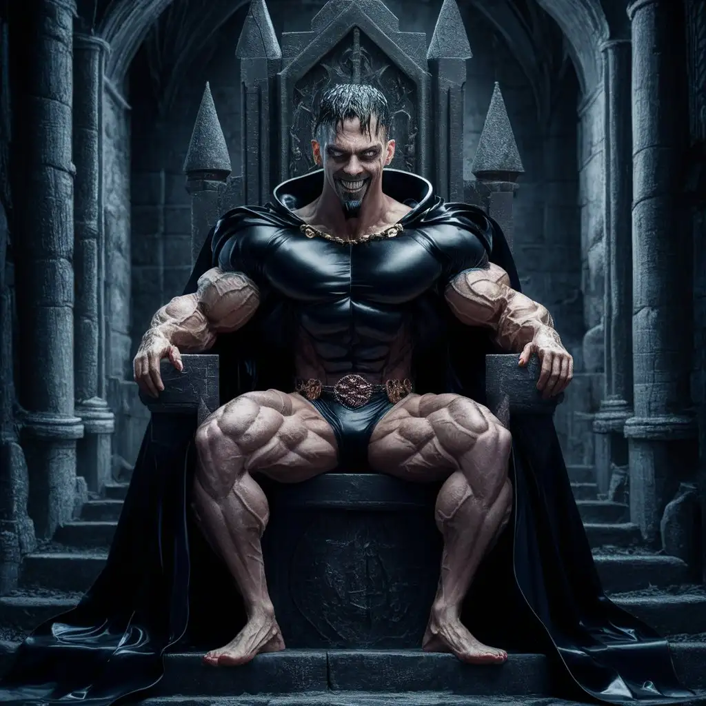 (Realistic Full body inside evil castle) Adrian is the biggest and most muscular bodybuilder in the world. He is a handsome and evil king. He has a evil grinn. He has wet, dark, greasy and slicked back hair, and a goatee. He is wearing a black latex bodysuit and a black royal cape. Hes has enormous muscles. He is sitting on hes evil throne.