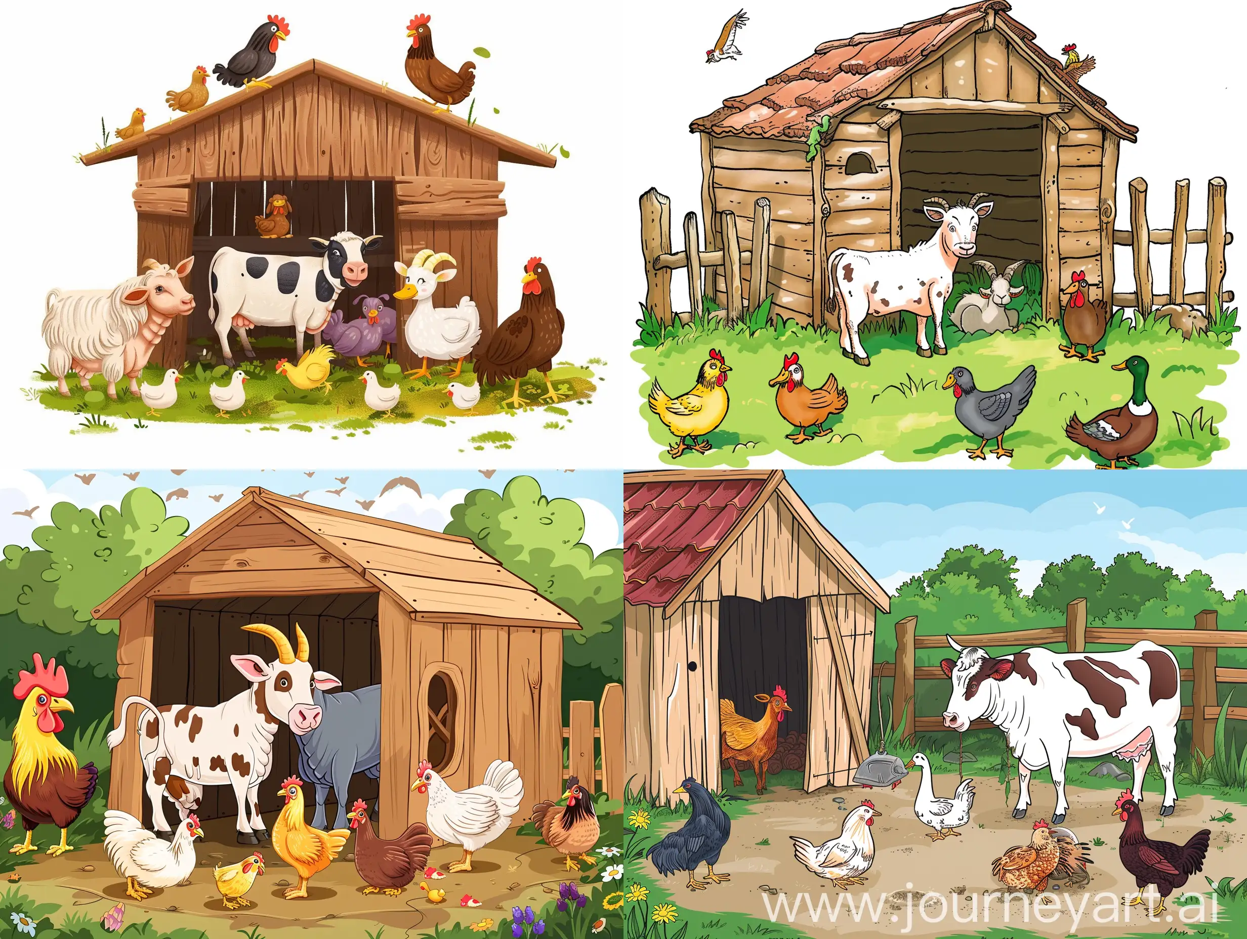 cartoon cattle SHED having cow,goat,chicken,duck